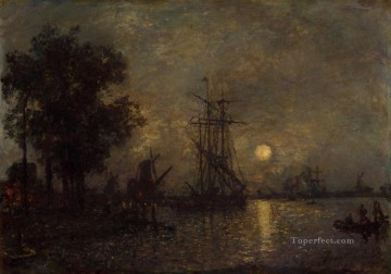 停泊中のボート船の海景のあるオランデーズの風景 Johan Barthold Jongkind Oil Paintings